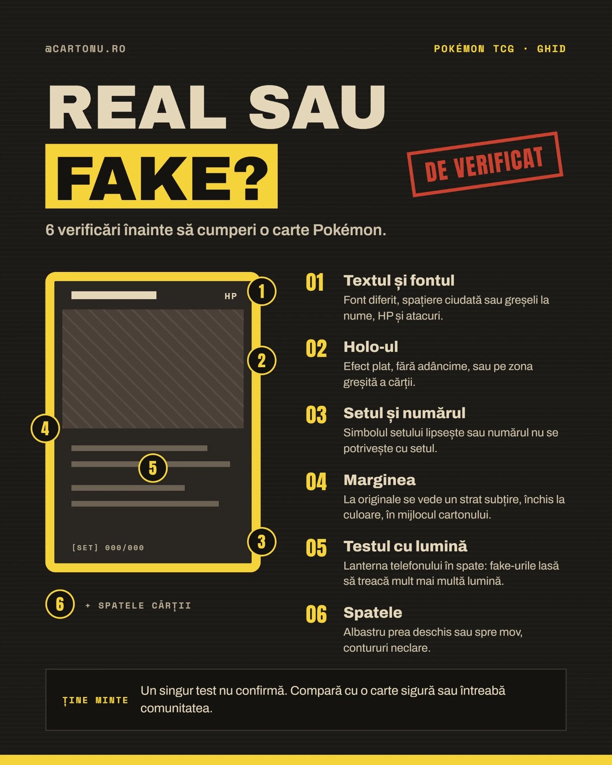 Infografic Cartonu': cele 6 locuri de verificat pe o carte Pokémon, numerotate pe schița unei cărți: textul, holo-ul, setul și numărul, marginea, testul cu lumină și spatele.